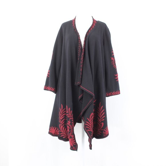 Johnny Was Jacket Sz L Black Cotton Red Poly Embroidered 3/4 Sleeve Wrap Jacket - Picture 1 of 12